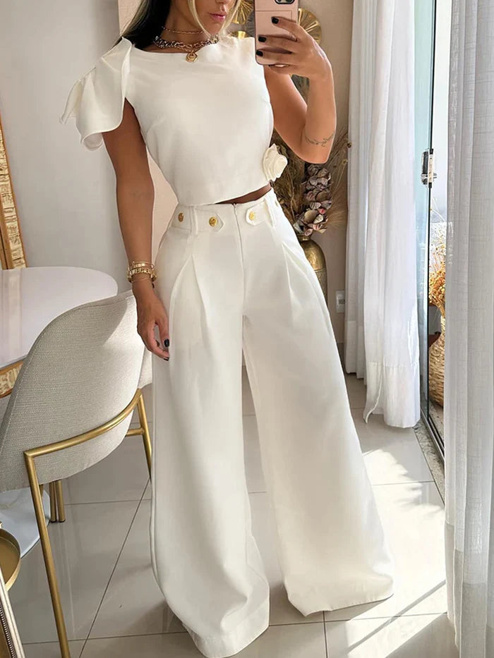 Conjunto Feminino Pantalona com Blusa Branca - Modelo: Delux Cecilia